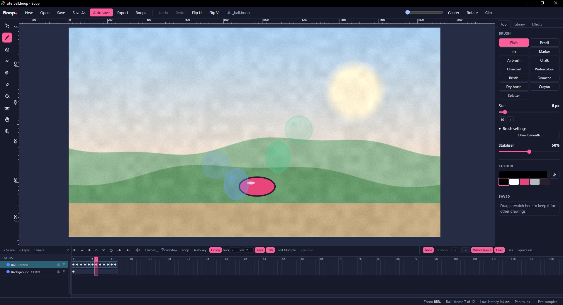 Boop with a bouncing ball animation: onion skin shows the frames either side of the squash, over a painted background