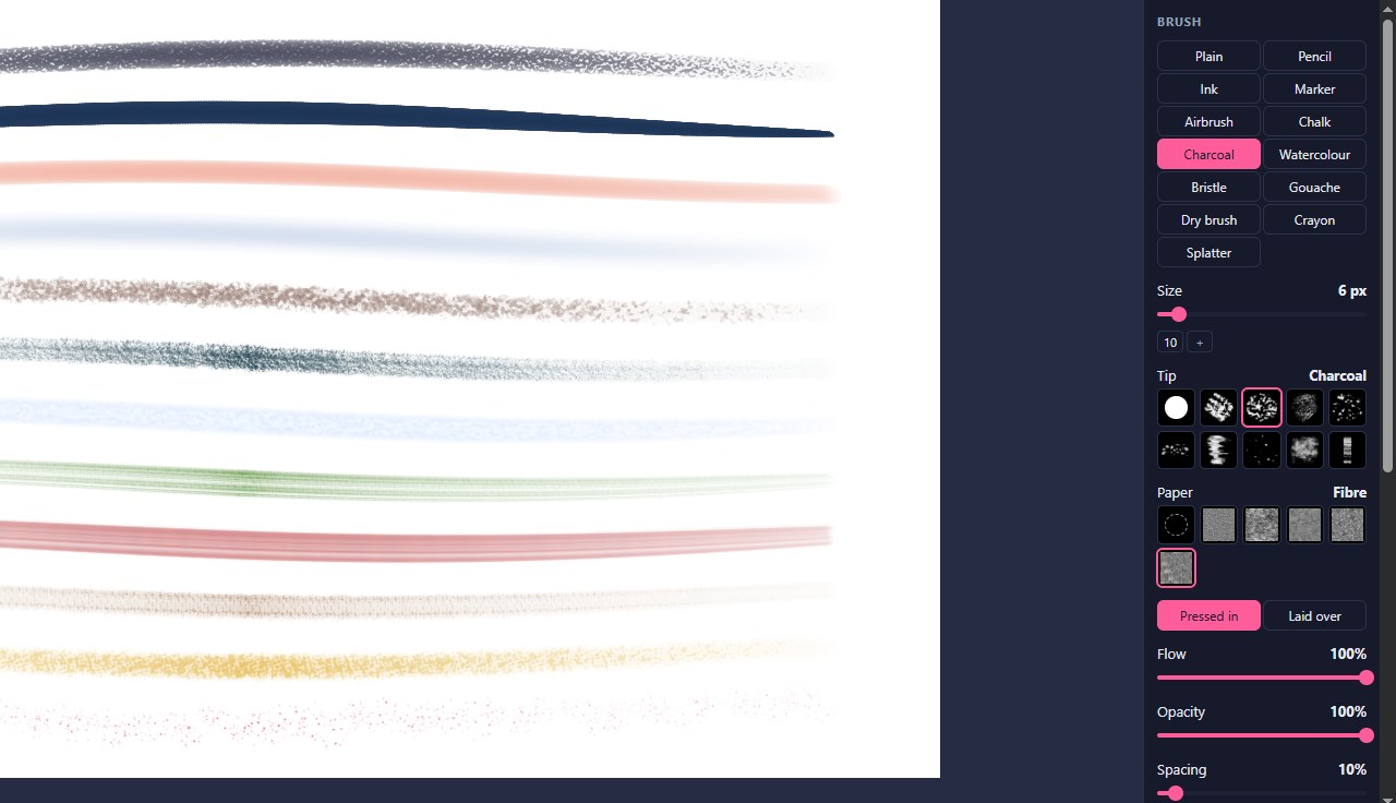 Boop's twelve brushes, one coloured stroke each, from pencil to splatter